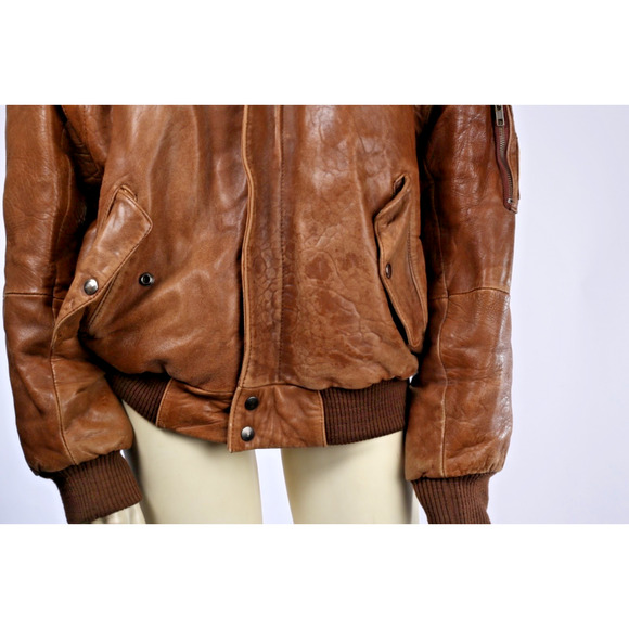 Vintage Midway Brown Leather Zipper Bomber Jacket Size 40 Sheep Shearling Collar - Picture 9 of 16